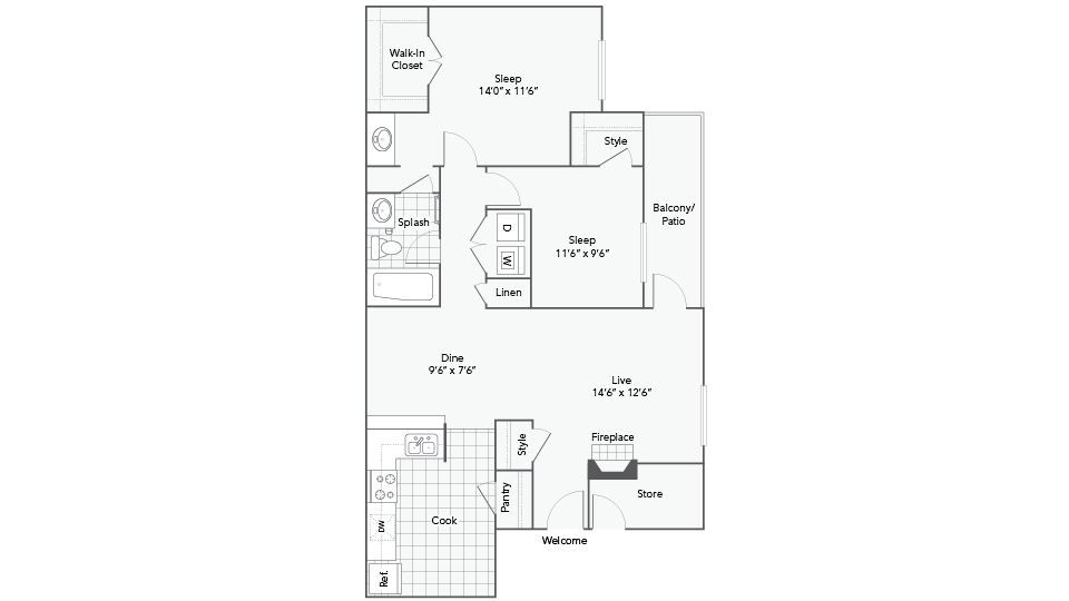 2 Bed 1 Bath Washer Dryer B floor plan