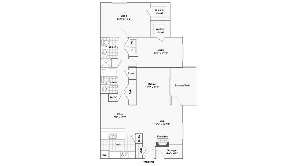 2 Bed 2 Bath Washer Dryer C floor plan