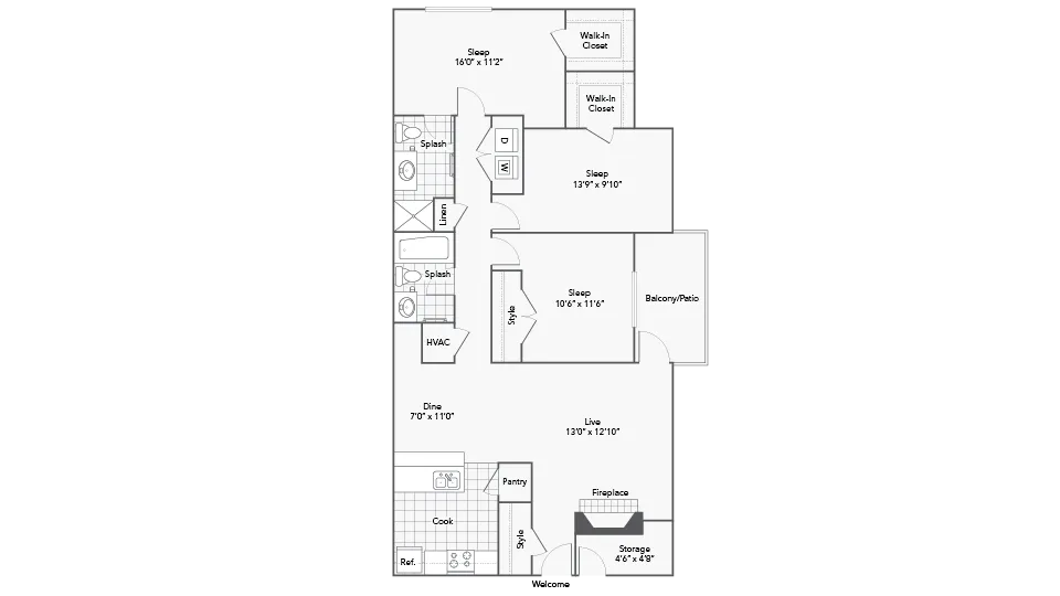 3 Bed 2 Bath Washer Dryer A floor plan