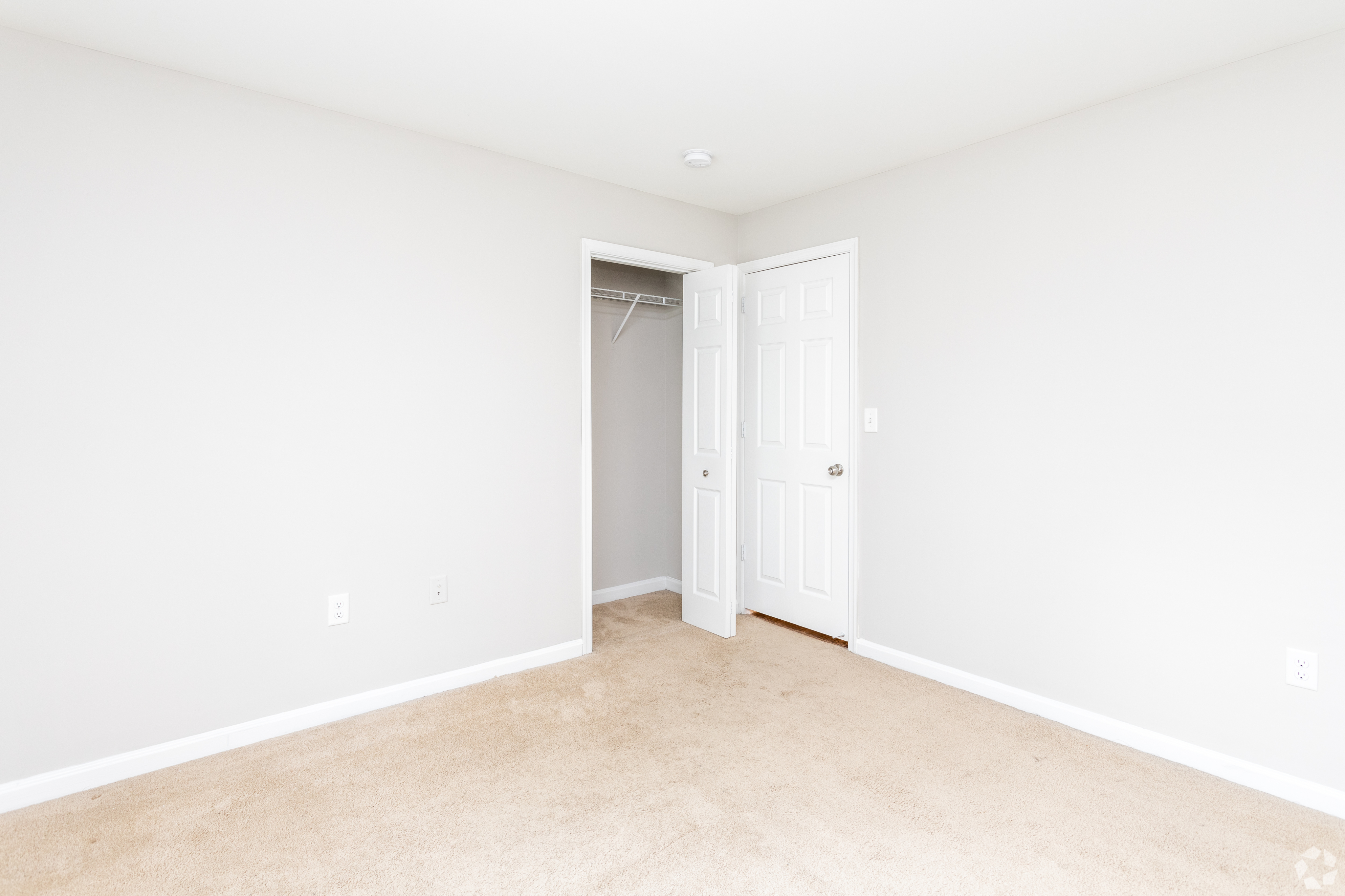Spacious, sunlit bedroom with beige carpet and an open closet.
