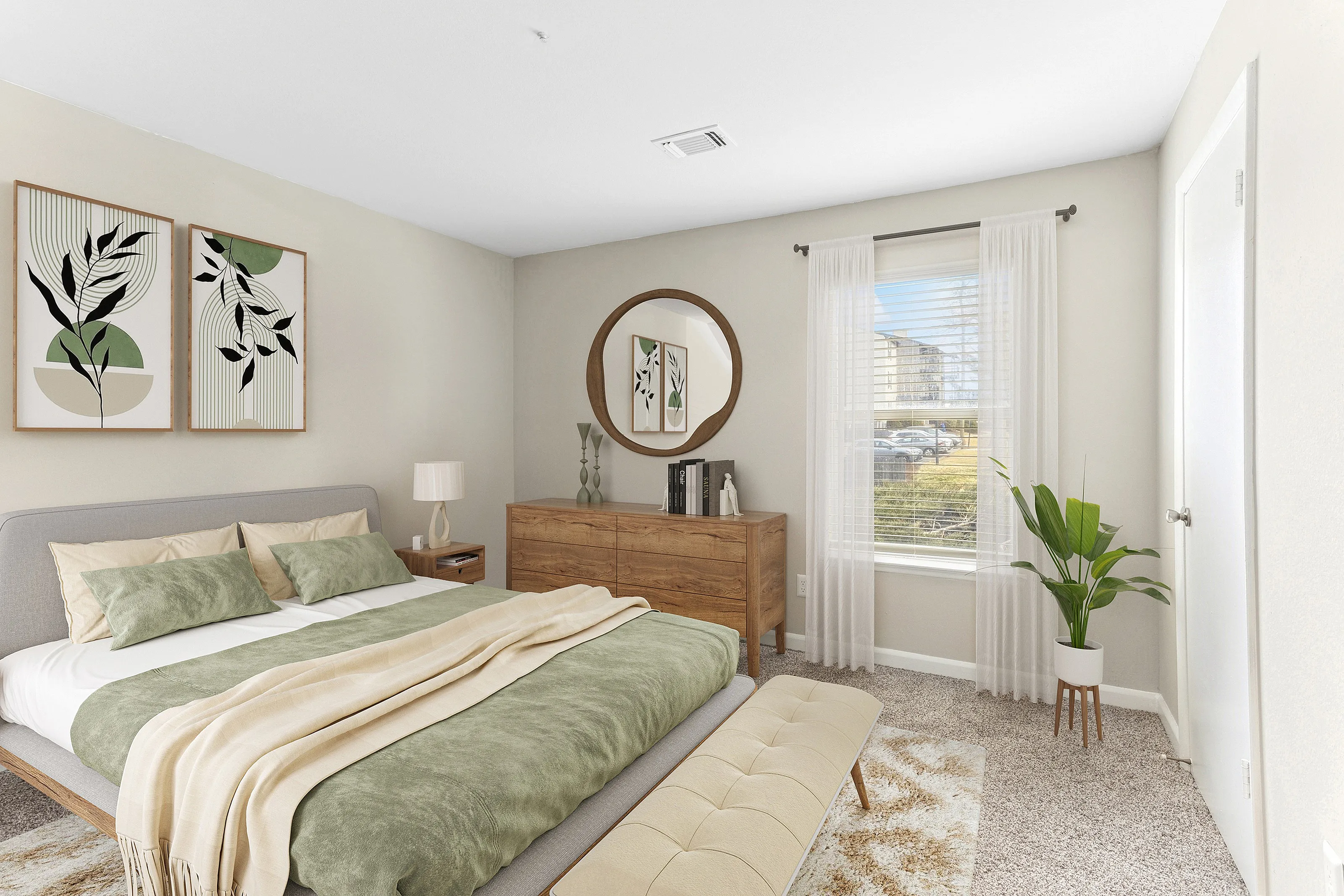 Inviting bedroom with modern decor featuring a king-sized bed, stylish green and beige bedding, natural wood furnishings, and a window with airy curtains.