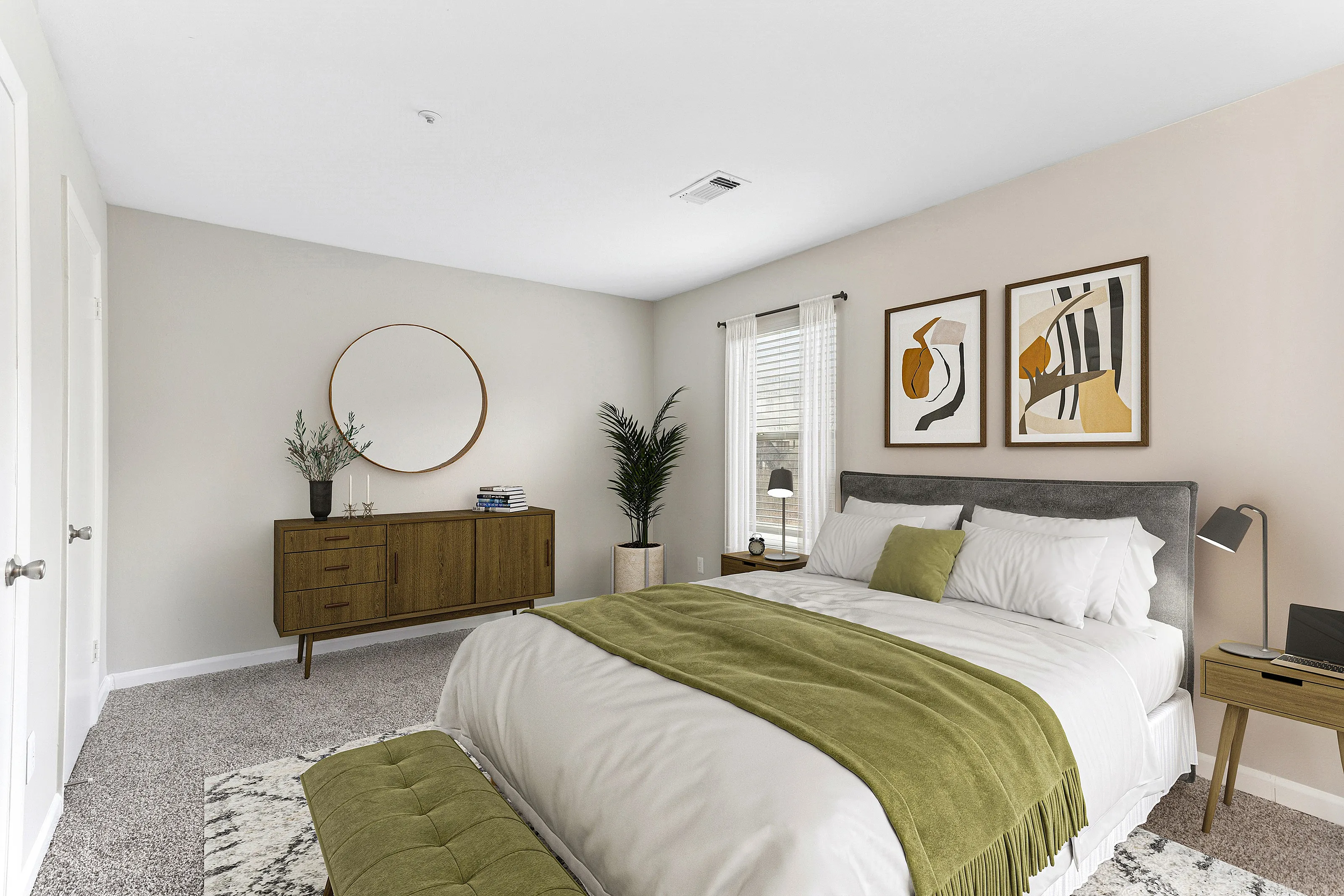 Elegant bedroom with contemporary decor, featuring a plush bed, chic artwork, and natural light through large windows.