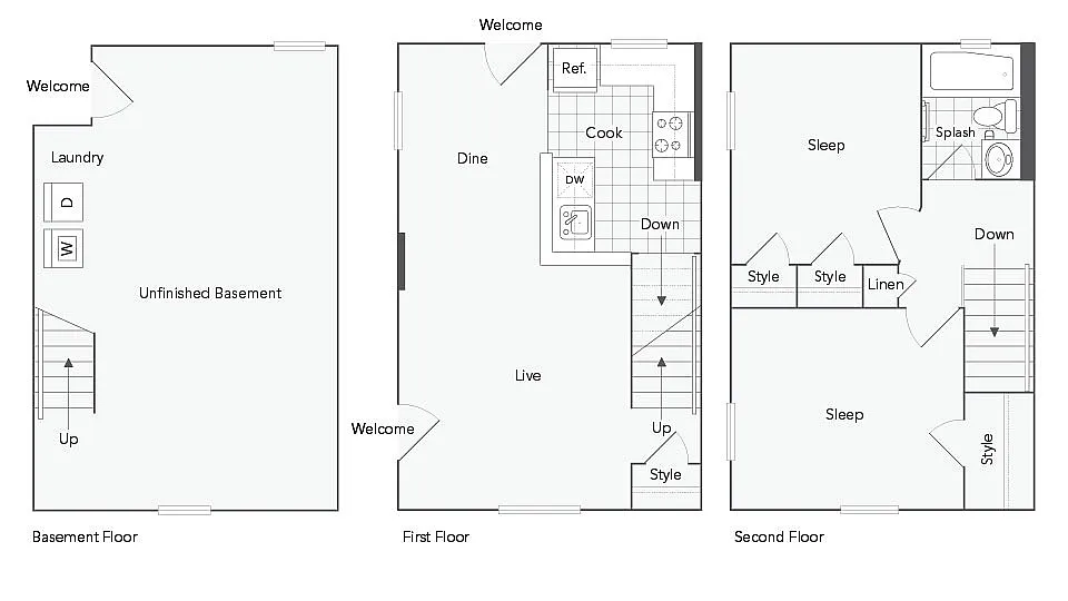Inviting three-level floor plan with a modern layout. Features a spacious unfinished basement with laundry area, open-concept first floor with kitchen and dining, and two cozy bedrooms on the second floor with a stylish bathroom. Ideal for comfortable living.