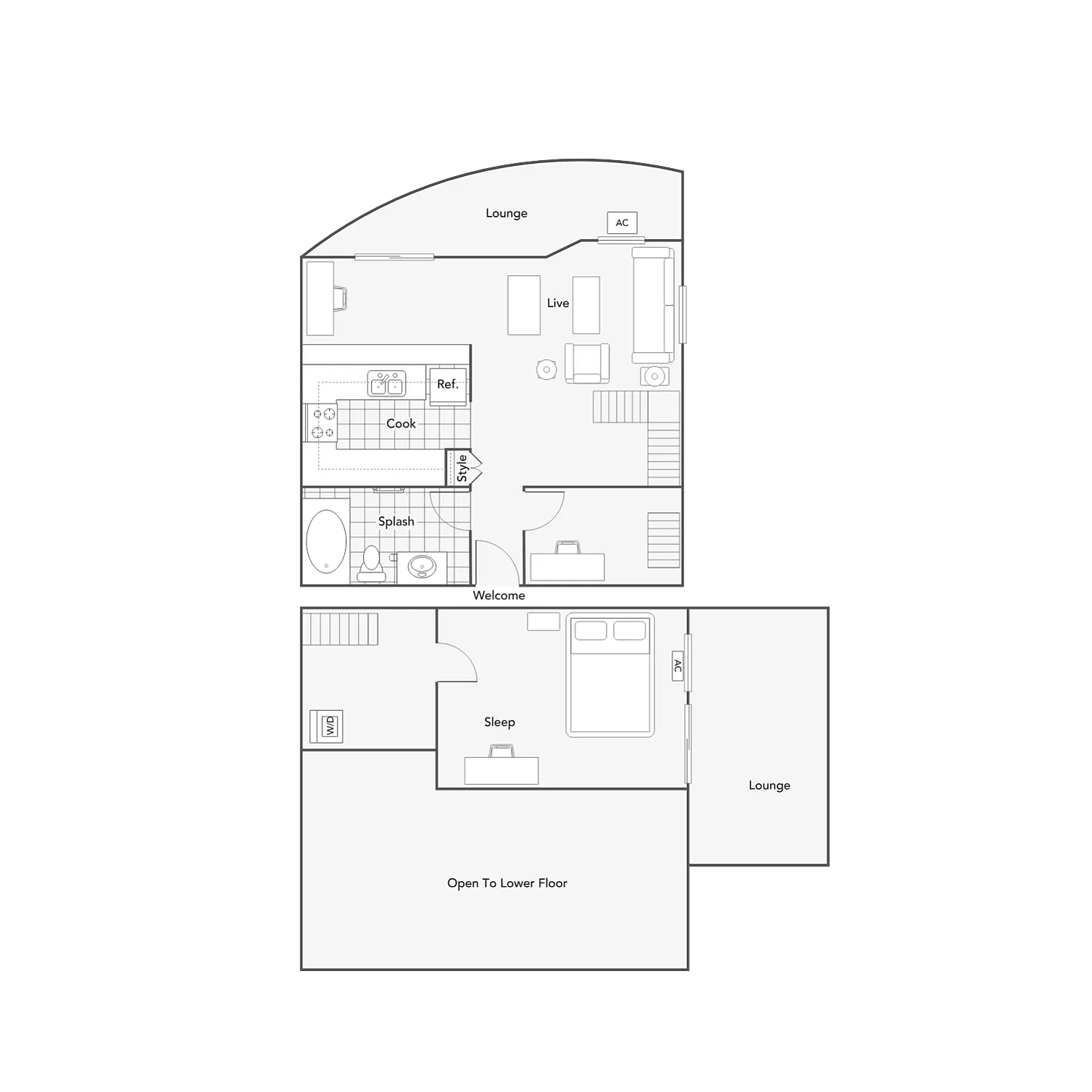 Modern two-story floor plan featuring a cozy lounge, open-concept living area, sleek kitchen, and spacious bedroom with access to an airy loft space.