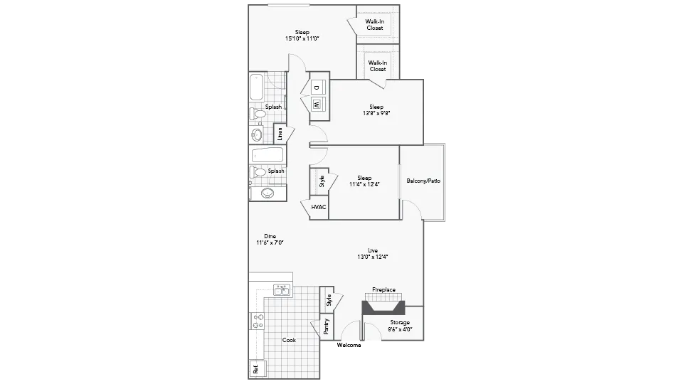3 Bed 2 Bath Washer Dryer B floor plan