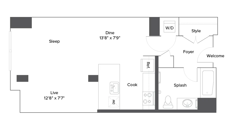 Modern studio apartment floor plan with open living and dining area, spacious kitchen, and sleek bathroom.