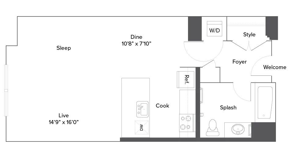 Elegant studio apartment floor plan with open-concept living area, modern kitchen, and spacious bathroom. Convenient in-unit W/D and stylish entryway included.