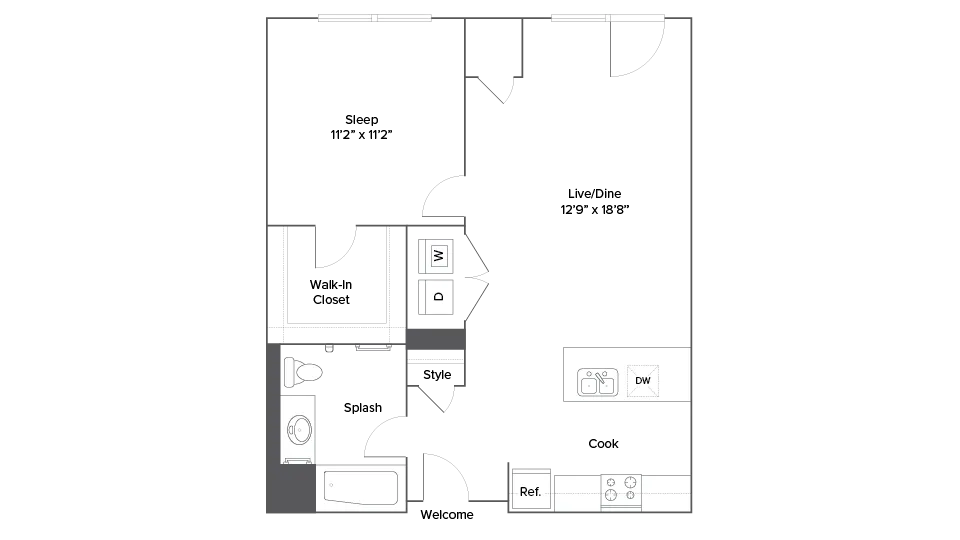 Modern floor plan with an open-concept living and dining area, spacious kitchen, and a cozy bedroom with a walk-in closet.