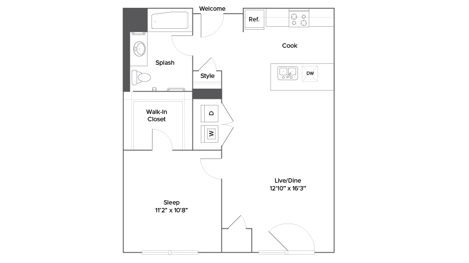 Modern floor plan featuring a spacious living and dining area, one bedroom with walk-in closet, a stylish kitchen, and a well-appointed bathroom.