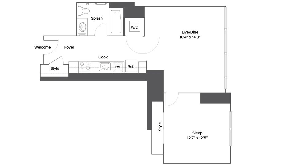 Modern apartment floor plan with 1 bedroom, spacious living/dining area, stylish kitchen, and convenient laundry space.