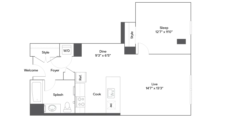 Modern 2D floor plan showcasing a spacious one-bedroom layout with a large living area, stylish kitchen, and cozy dining space.