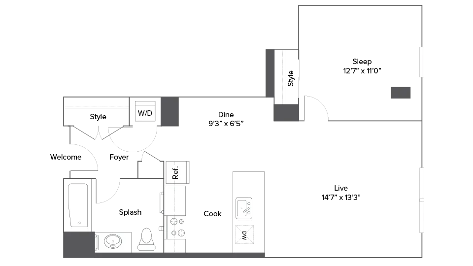 Modern 1-bedroom apartment floor plan with spacious living area, efficient kitchen, stylish bath, and convenient dining space.