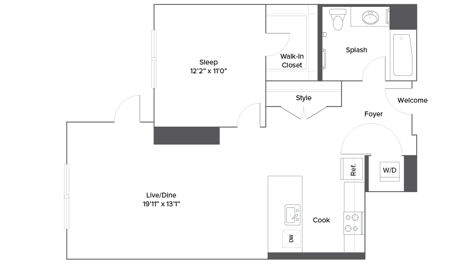 Modern 1-bedroom floor plan with open living/dining area, spacious kitchen, and luxurious bathroom.