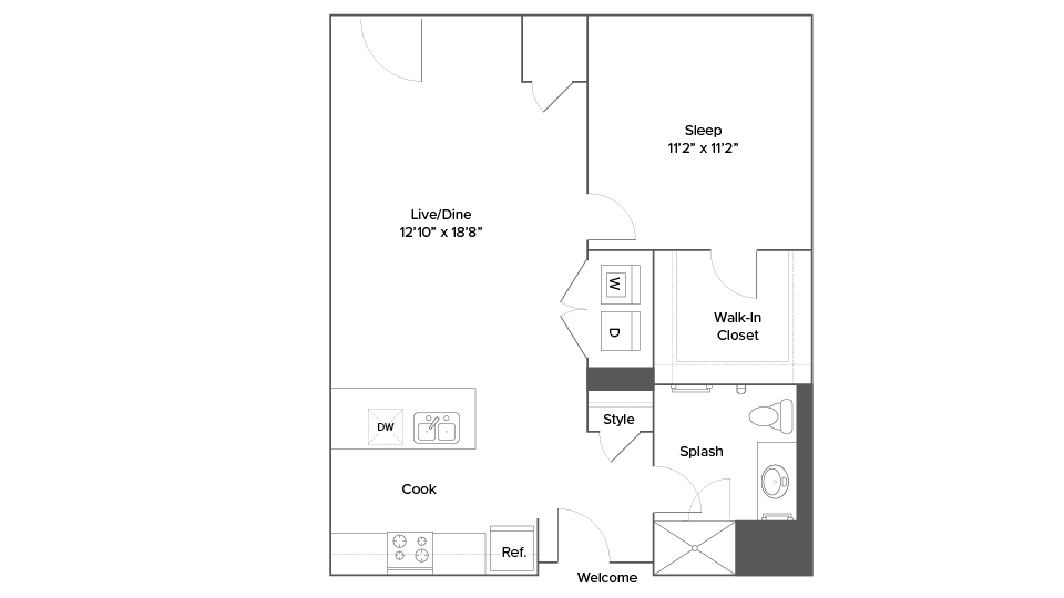 Modern 1-bedroom apartment floor plan featuring open-concept living and dining area, stylish kitchen, spacious walk-in closet, and convenient washer-dryer setup.