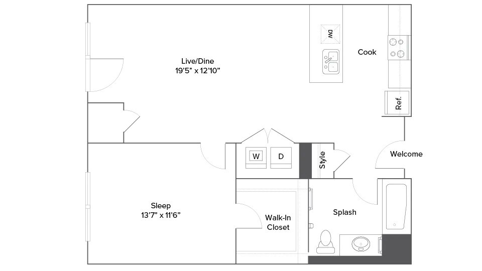 Modern 1-bedroom floor plan featuring an open-concept living/dining area, kitchen with appliances, and a luxurious bath. Includes a walk-in closet and in-unit laundry.