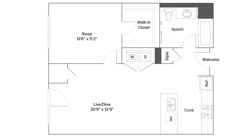 Modern floor plan highlighting a spacious 1-bedroom layout with a large living/dining area, stylish kitchen, and walk-in closet.