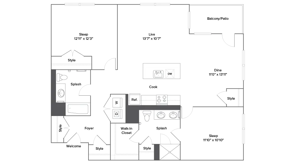 Modern floor plan with two bedrooms, open-concept living and dining areas, spacious kitchen, and balcony access, perfect for stylish living.