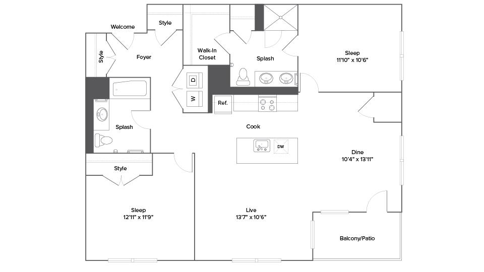 Elegant floor plan featuring 2 bedrooms, a modern kitchen with an island, expansive living area, and a private balcony.