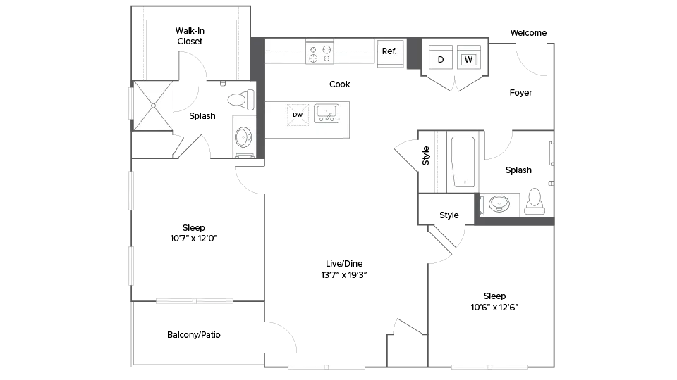 Modern apartment floor plan featuring 2 spacious bedrooms, open living/dining area, sleek kitchen, and private balcony for stylish living.