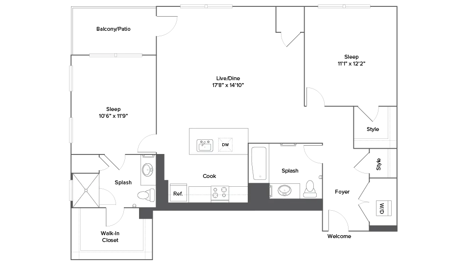 Modern 2-bedroom floor plan with spacious living and dining area, stylish kitchen, and private balcony.
