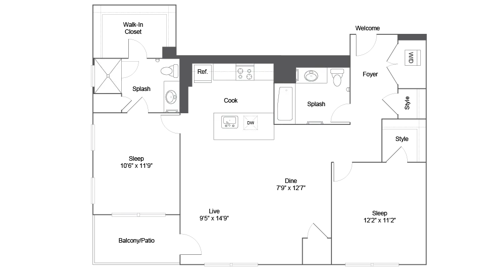 Contemporary floor plan with 2 spacious bedrooms, stylish open living and dining areas, modern kitchen, and a large balcony.