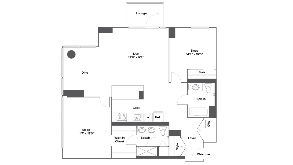 Modern apartment floor plan with 2 spacious bedrooms, open-concept living and dining area, stylish kitchen, and convenient laundry area.
