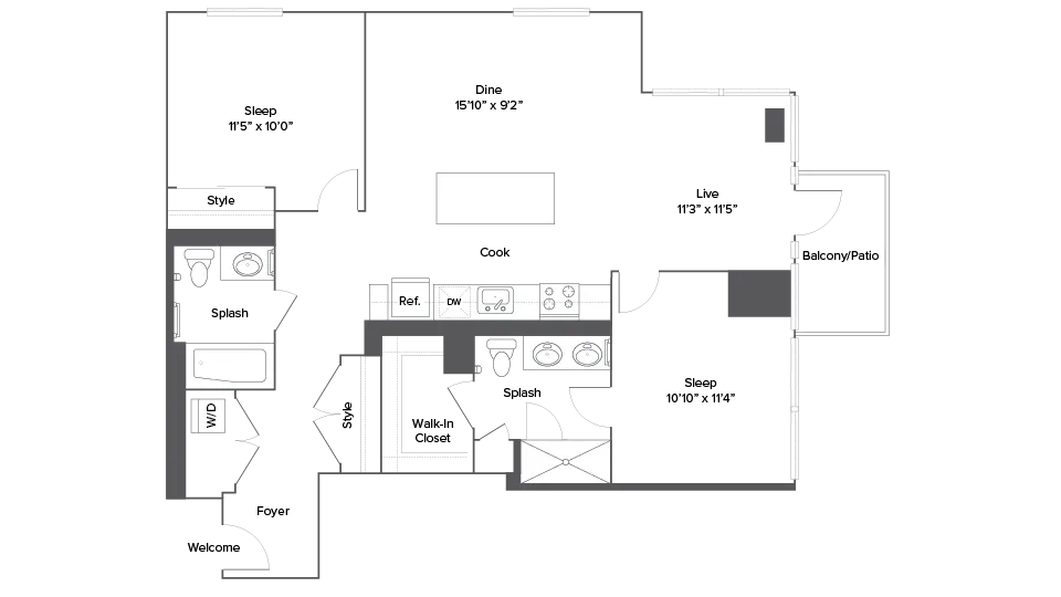 Modern floor plan showcasing 2 bedrooms, spacious living and dining areas, stylish kitchen, and balcony access.