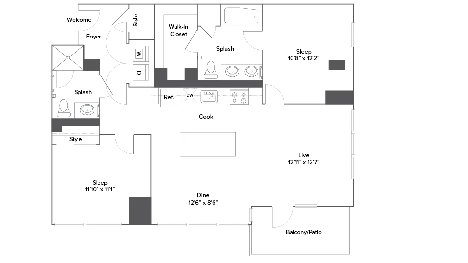 Modern floor plan featuring 2 bedrooms, spacious living area, open kitchen, 2 stylish bathrooms, and a private balcony for relaxation.