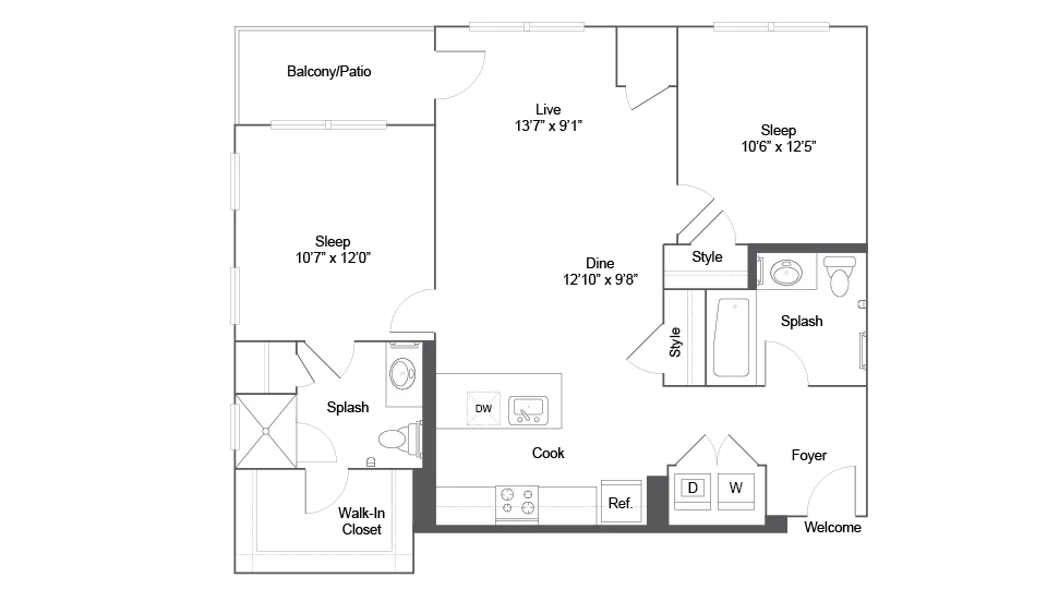 Elegant apartment floor plan with 2 bedrooms, open living and dining area, stylish kitchen, and private balcony patio.