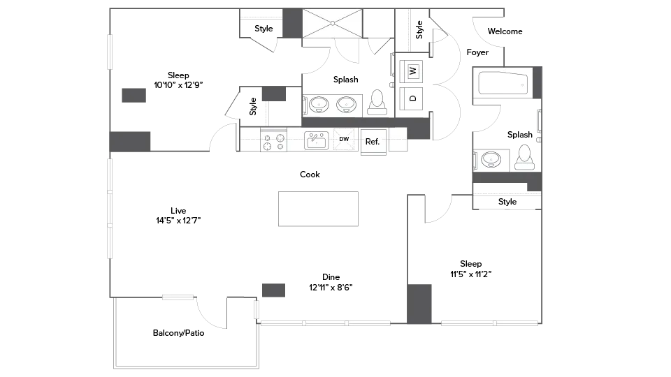 Elegant floor plan showcasing 2 spacious bedrooms, a modern kitchen with dining area, and a cozy living room leading to a private balcony.