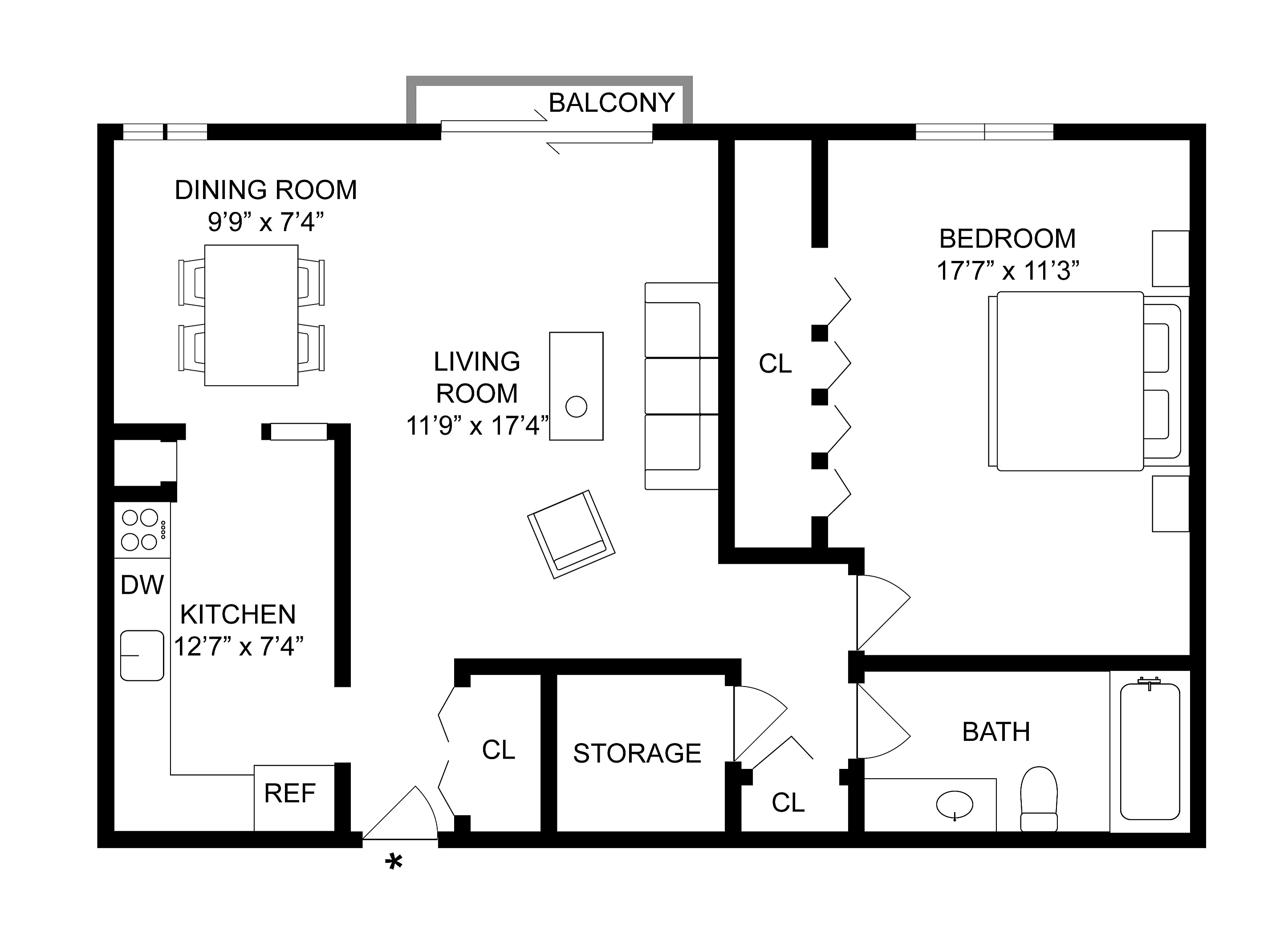 1BD x 1BA floor plan