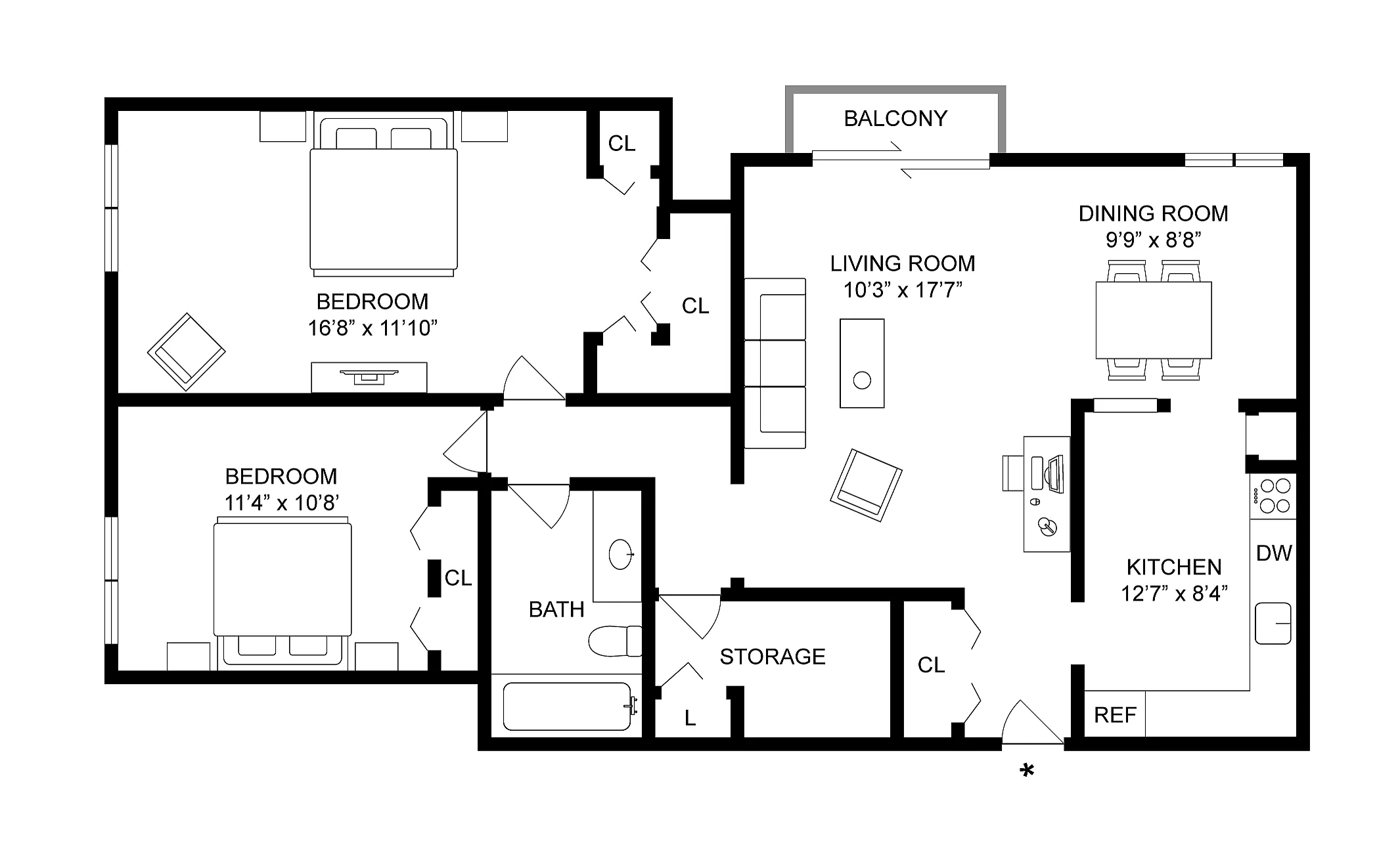 2BD x 1BA Premier floor plan