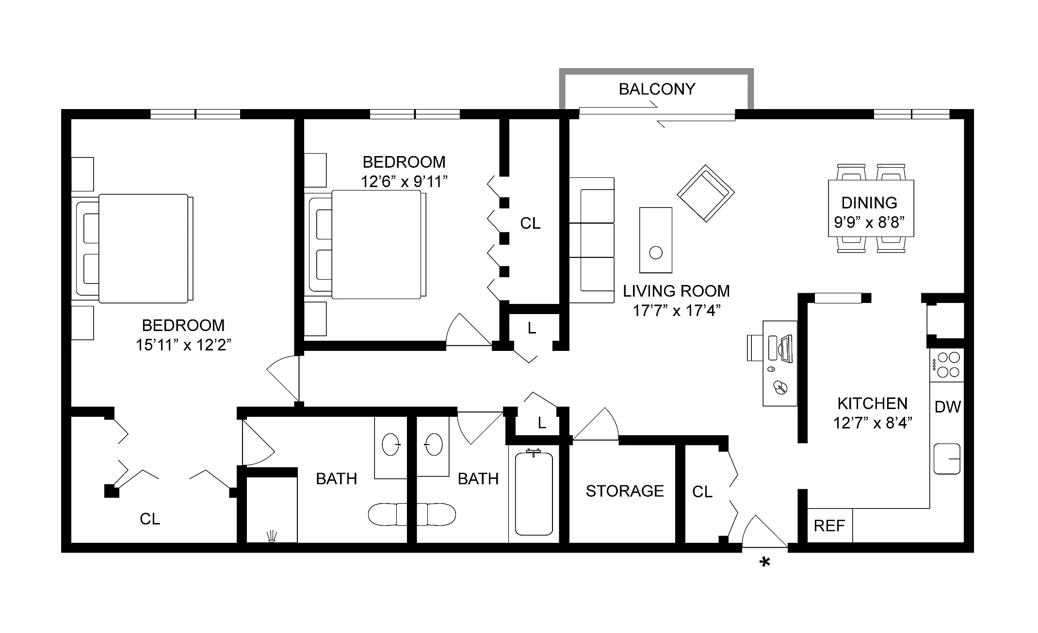 2BD x 2BA Premier floor plan