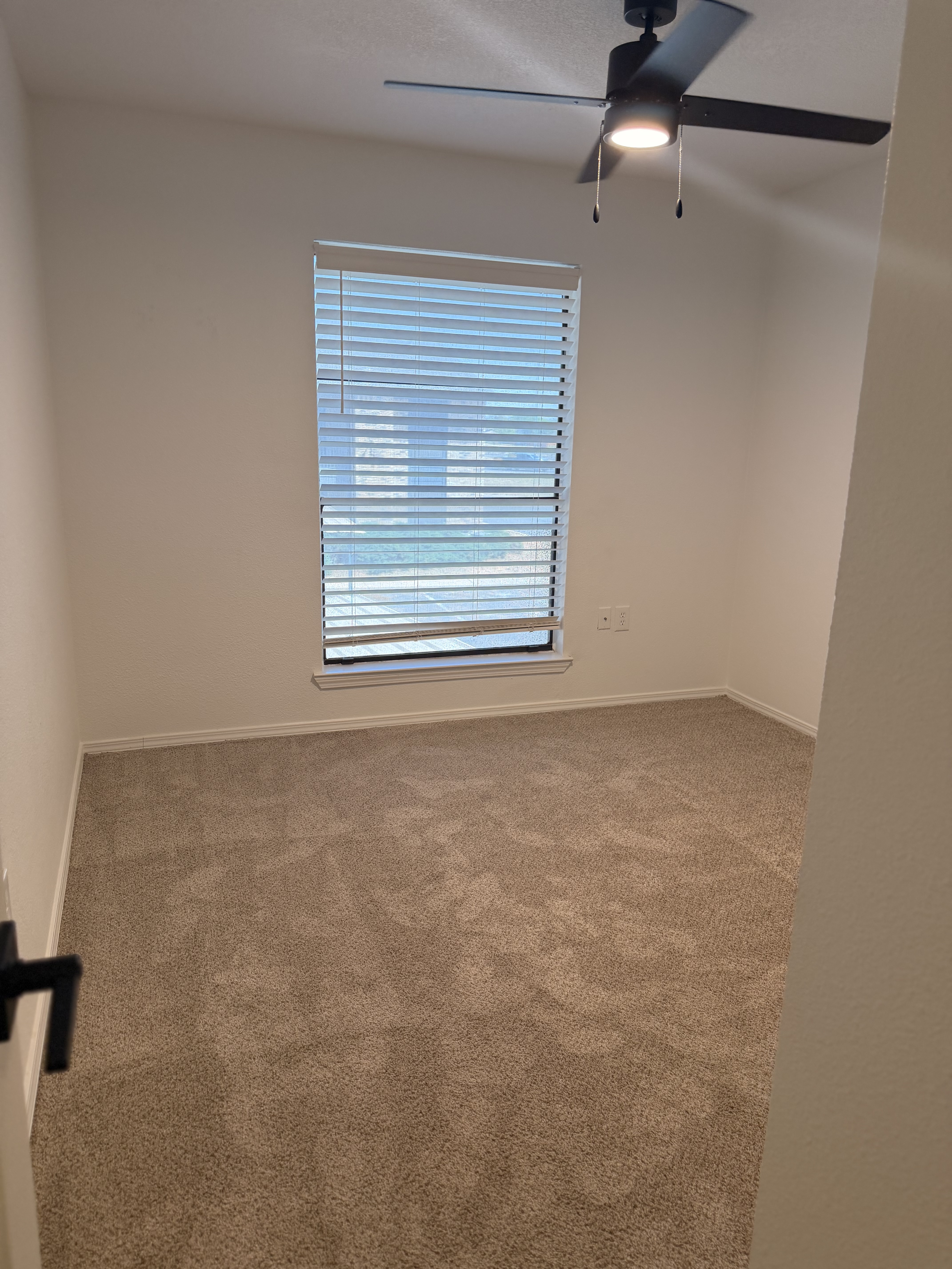 Cozy bedroom with plush carpet, modern ceiling fan, and ample natural light through a large window with blinds.