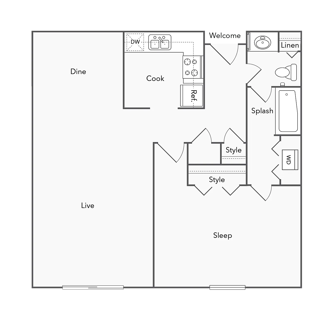 1 BR x 1 BA - Washer/Dryer floor plan