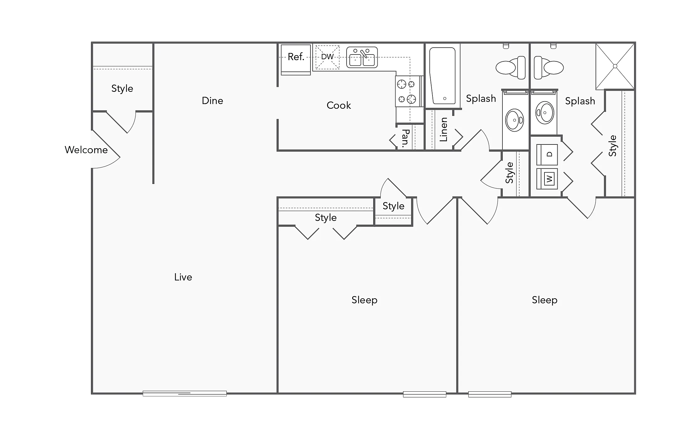 2 BR x 2 BA - Washer/Dryer floor plan