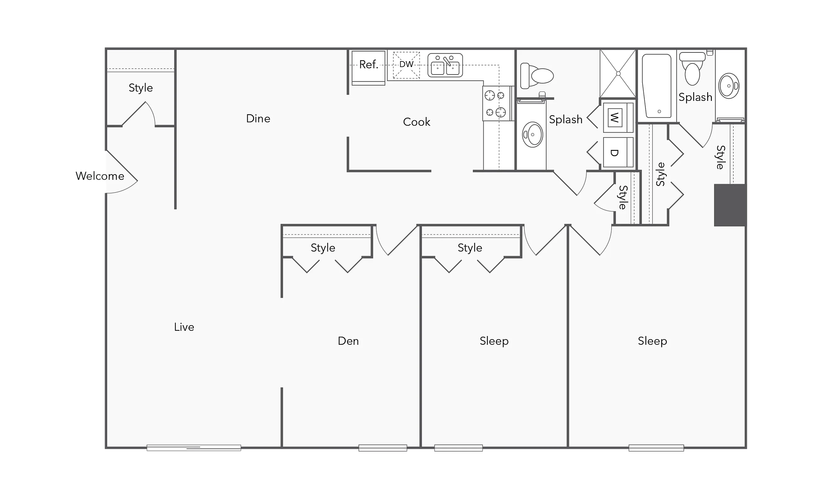 2 BR x 2 BA - with Den - Washer/Dryer floor plan
