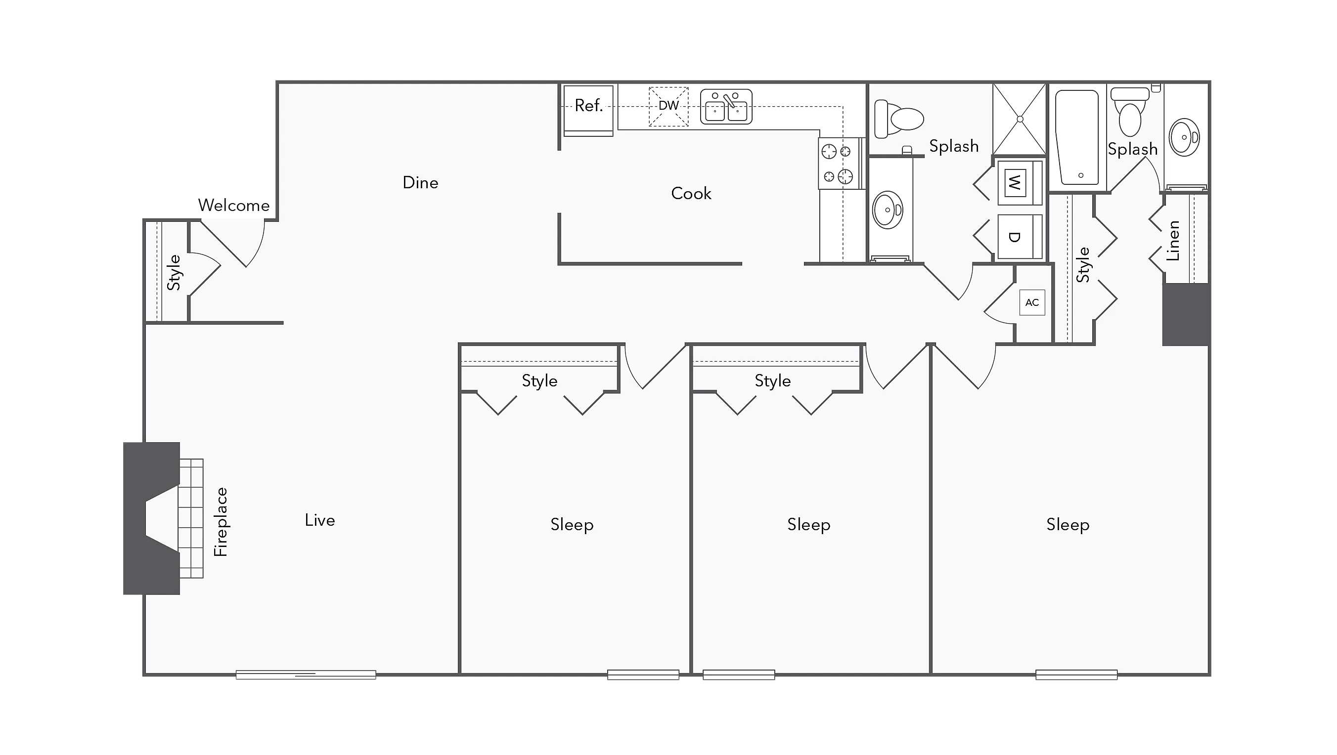 3 BR x 2 BA - Washer/Dryer floor plan