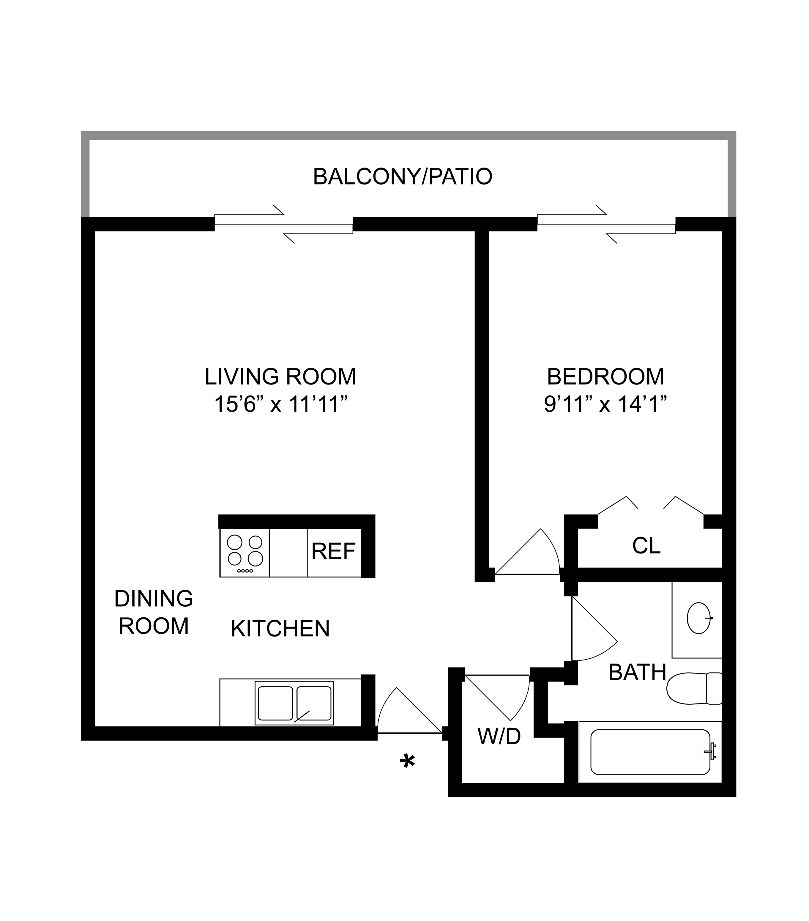 1 BR x 1 BA with Washer/Dryer Floorplan