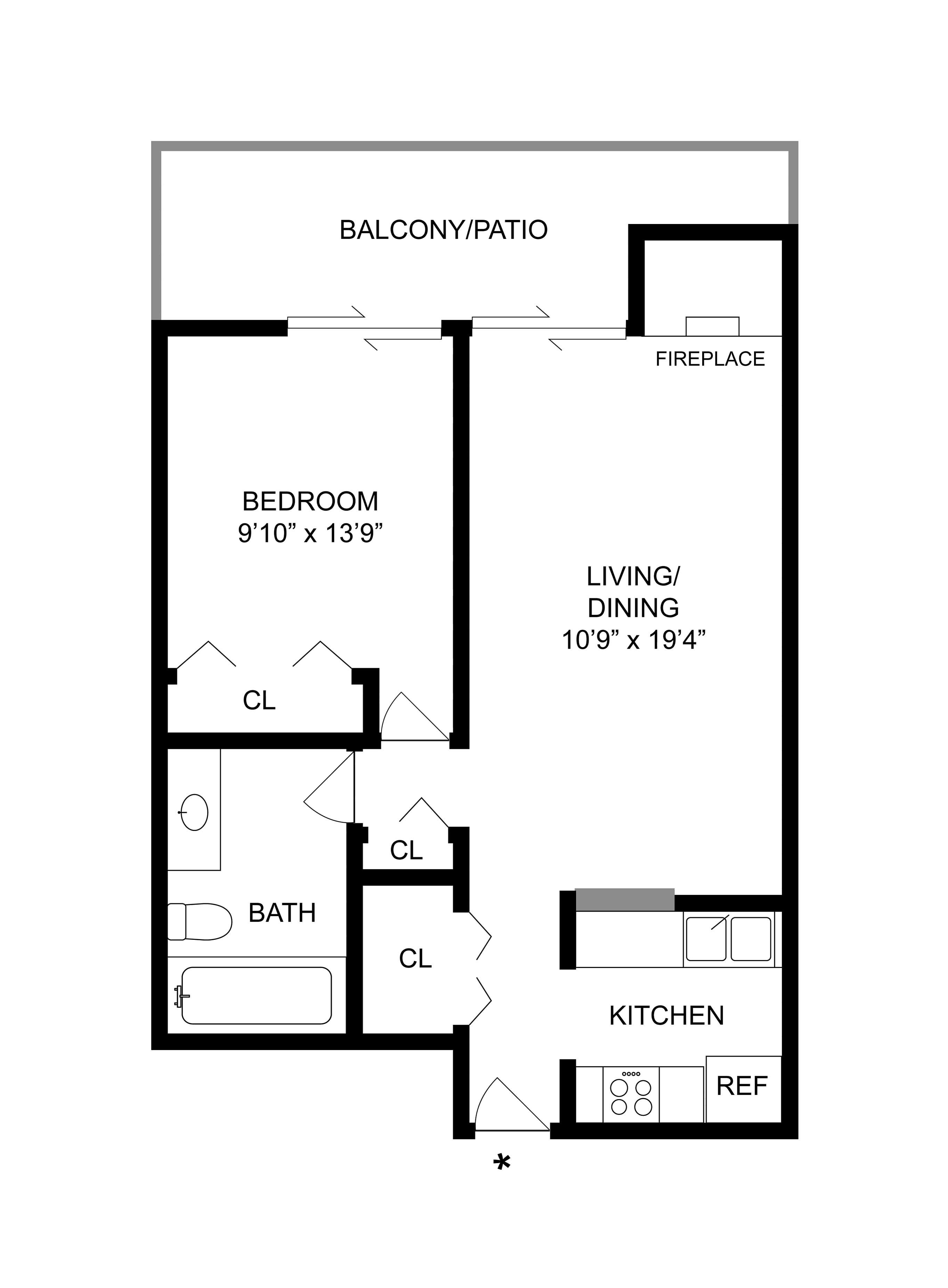1 BR x 1 BA - Tower Floorplan