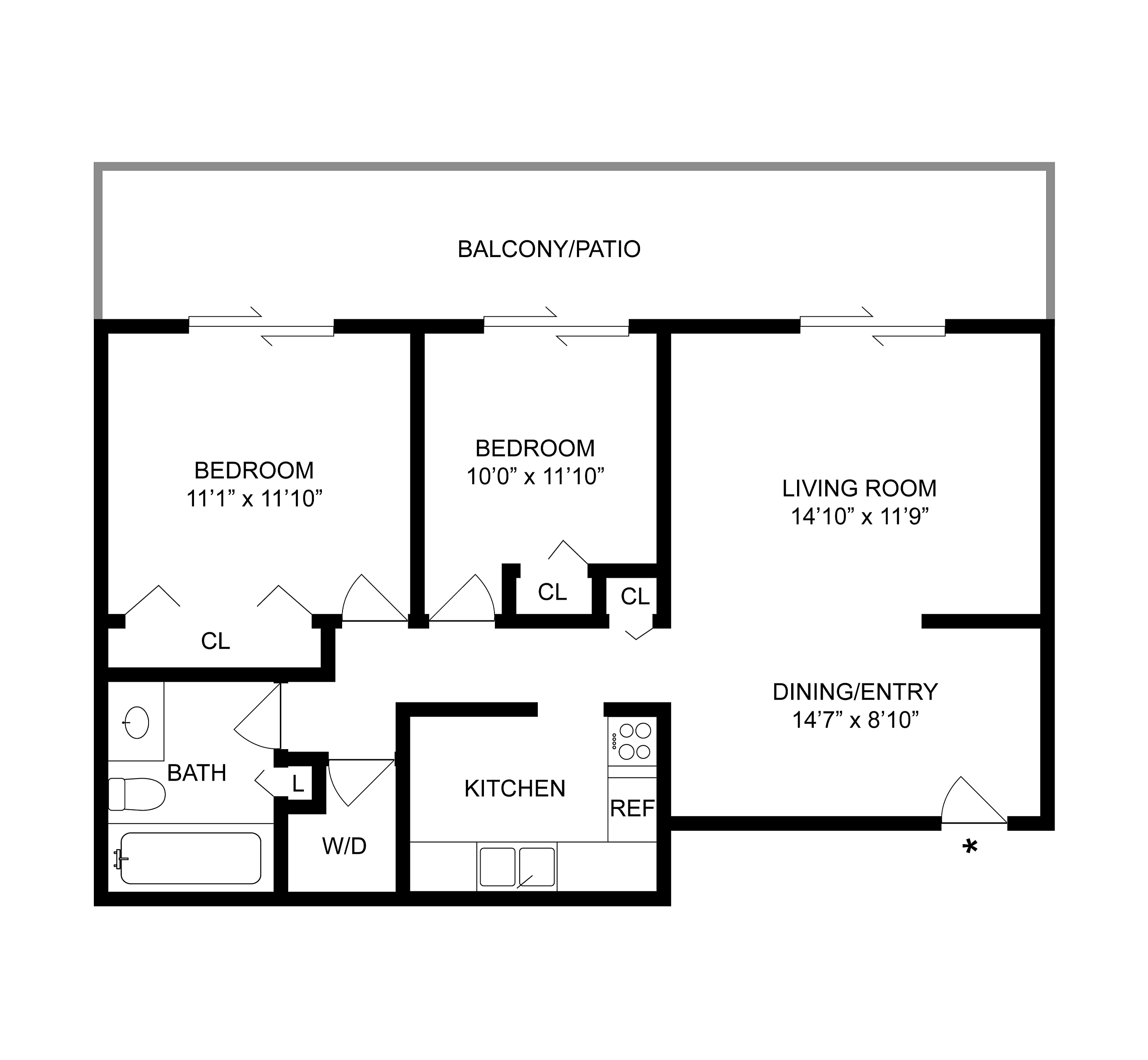 2 BR x 1 BA with Washer/Dryer Floorplan