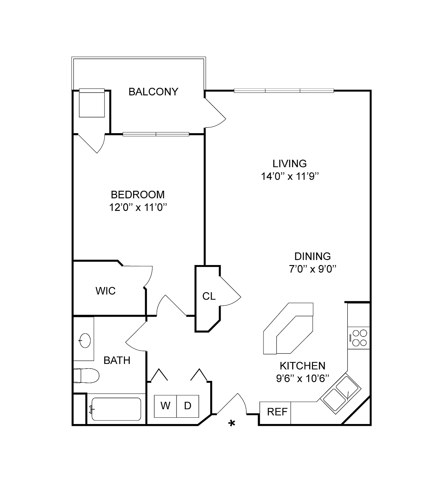 1 BR x 1 BA - C | 1-Bedroom Floorplan