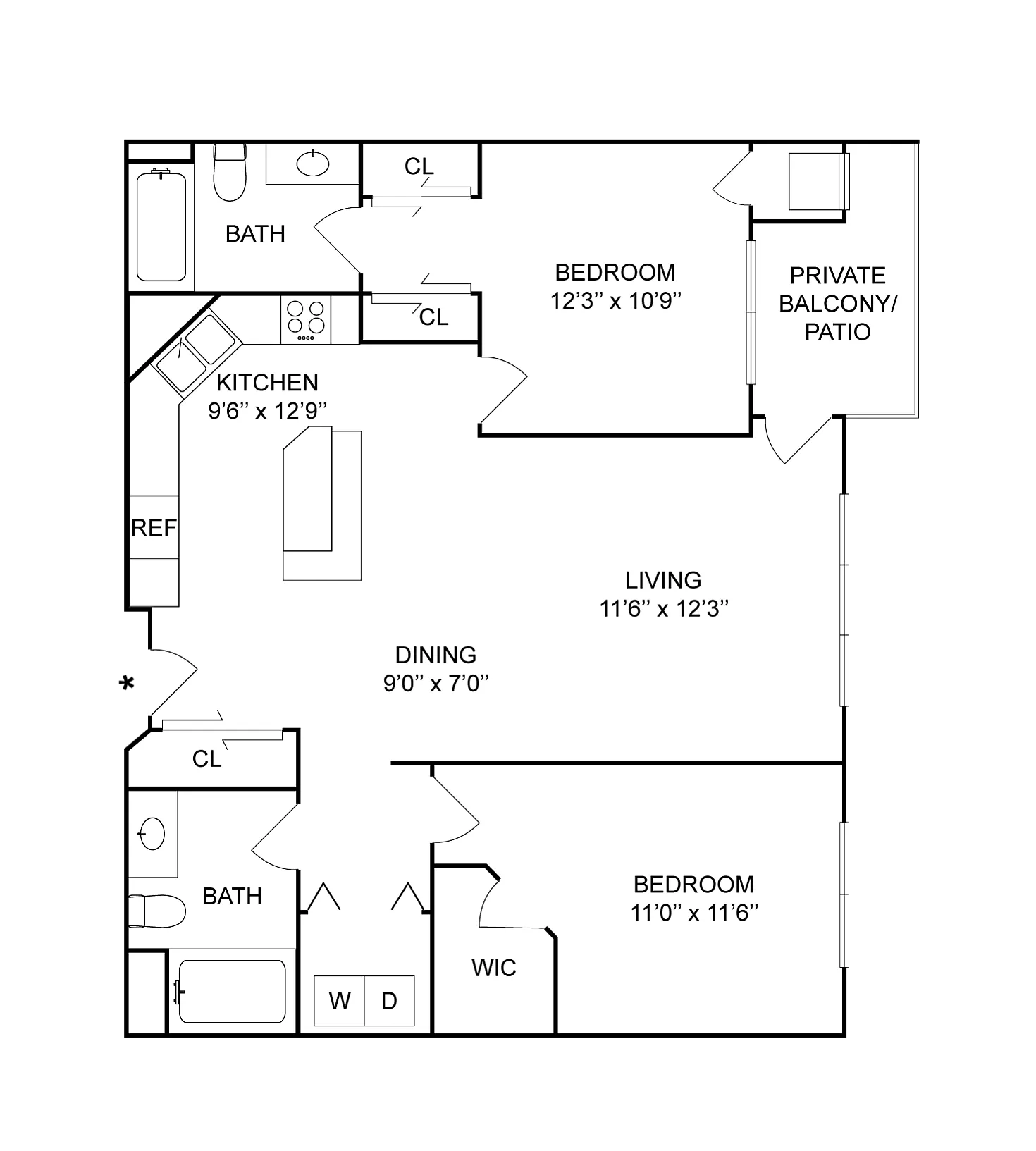 2 BR x 2 BA - B | 2-Bedroom Floorplan
