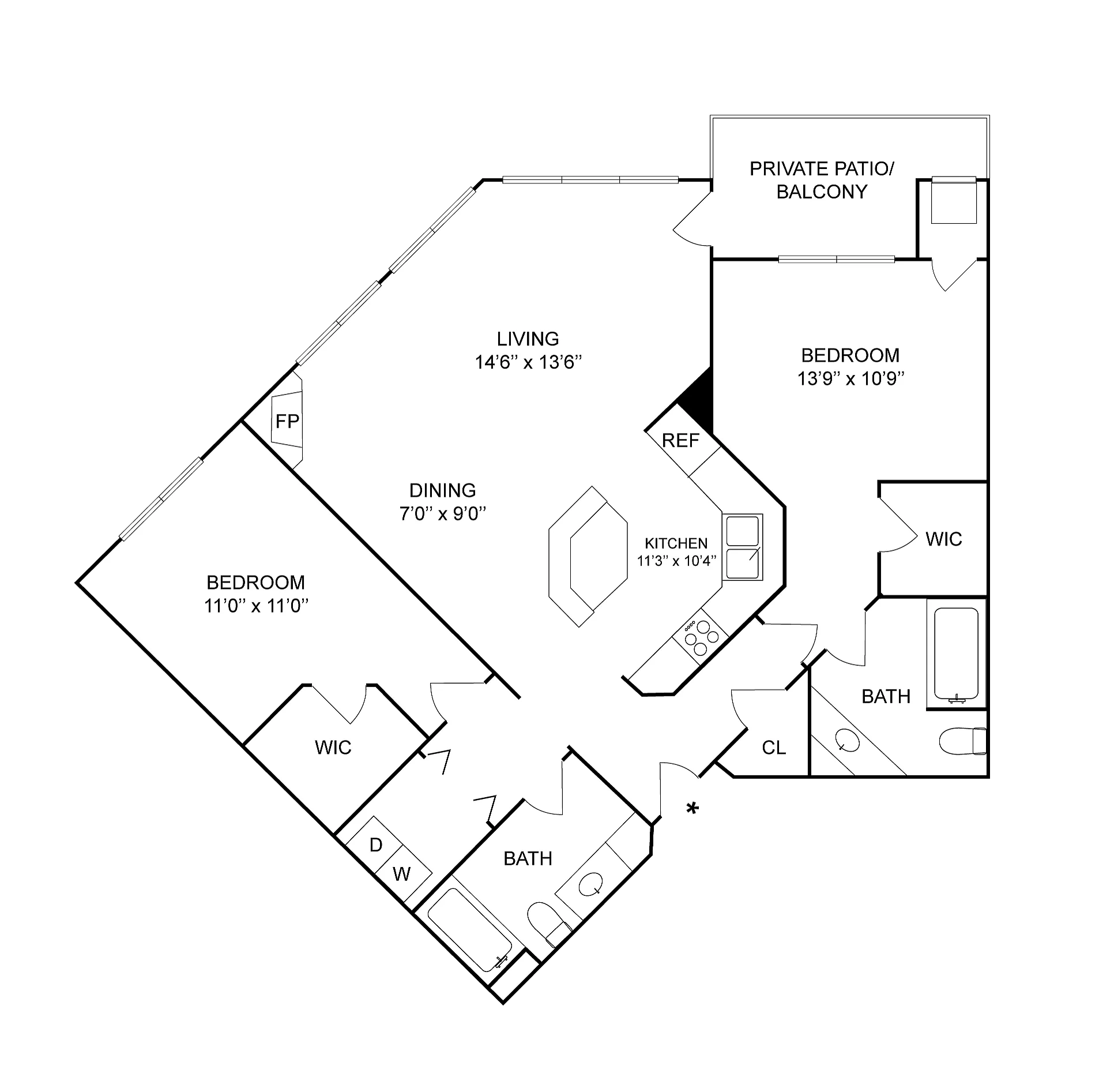 2 BR x 2 BA - D | 2-Bedroom Floorplan