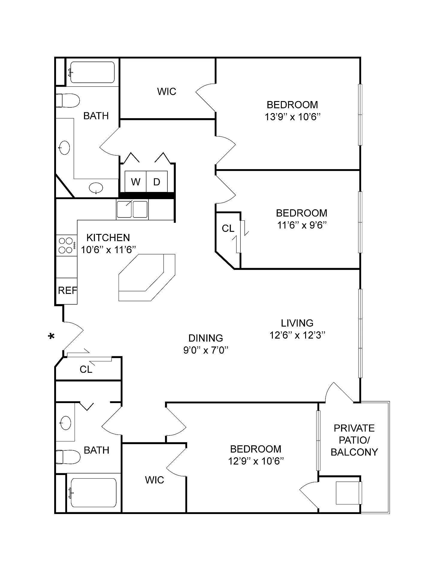 3 BR x 2 BA - A | 3-Bedroom Floorplan