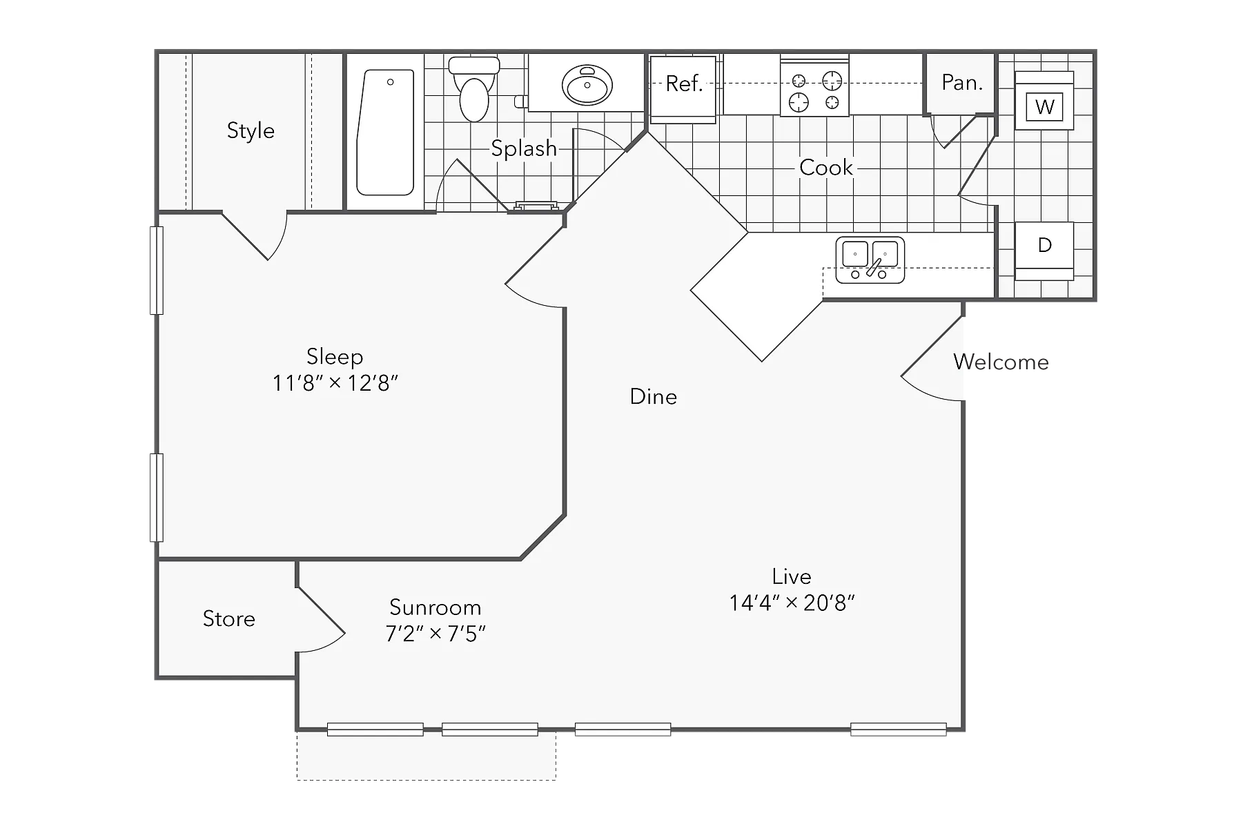 1 BR x 1 BA with Washer/Dryer A