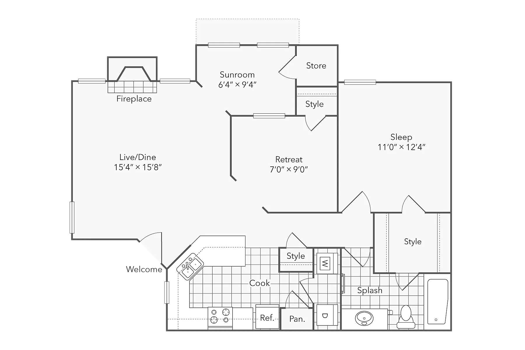 1 BR x 1 BA with Washer/Dryer C