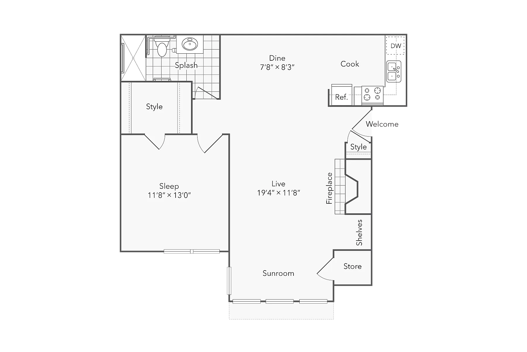 1 BR x 1 BA