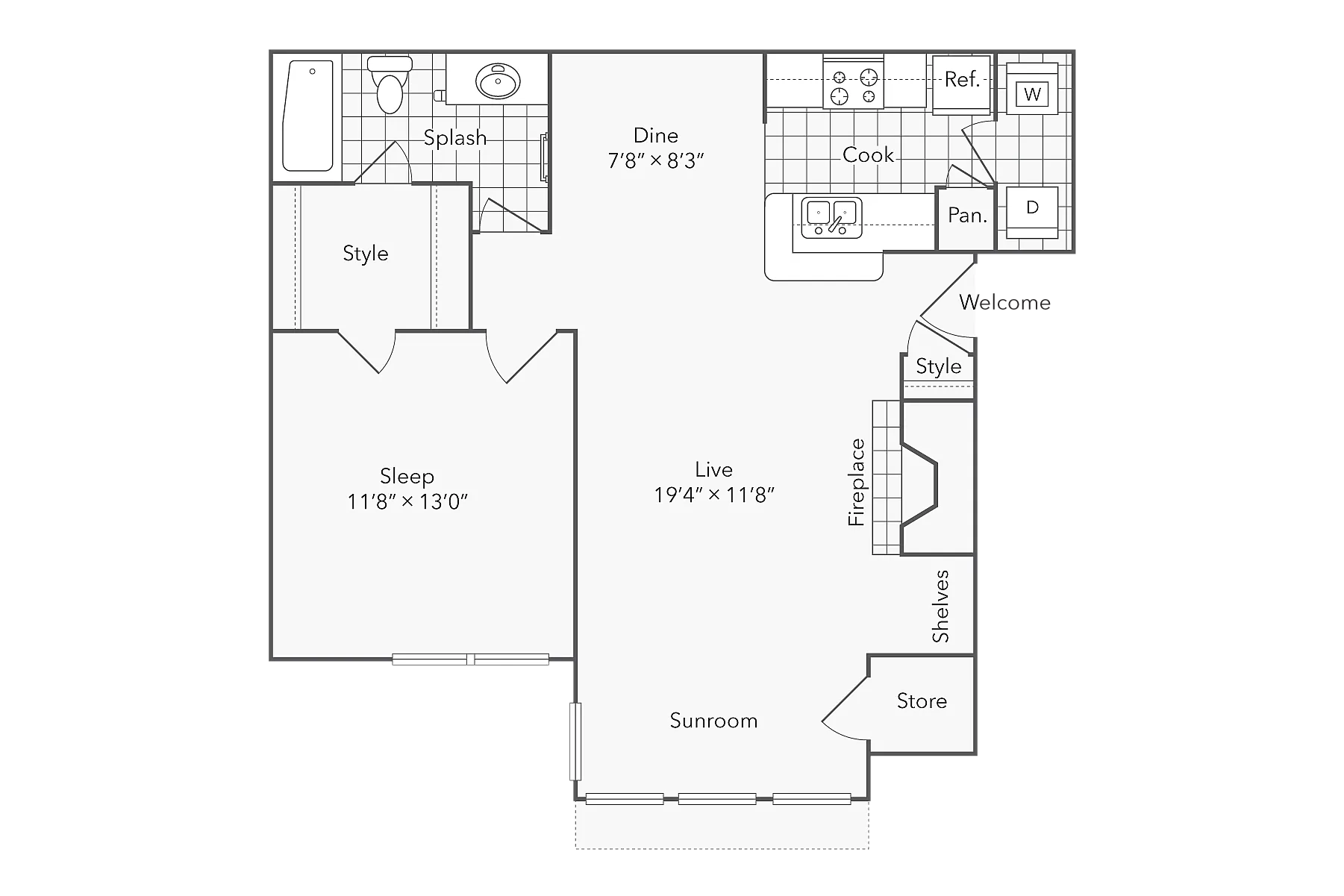 1 BR x 1 BA with Washer/Dryer B