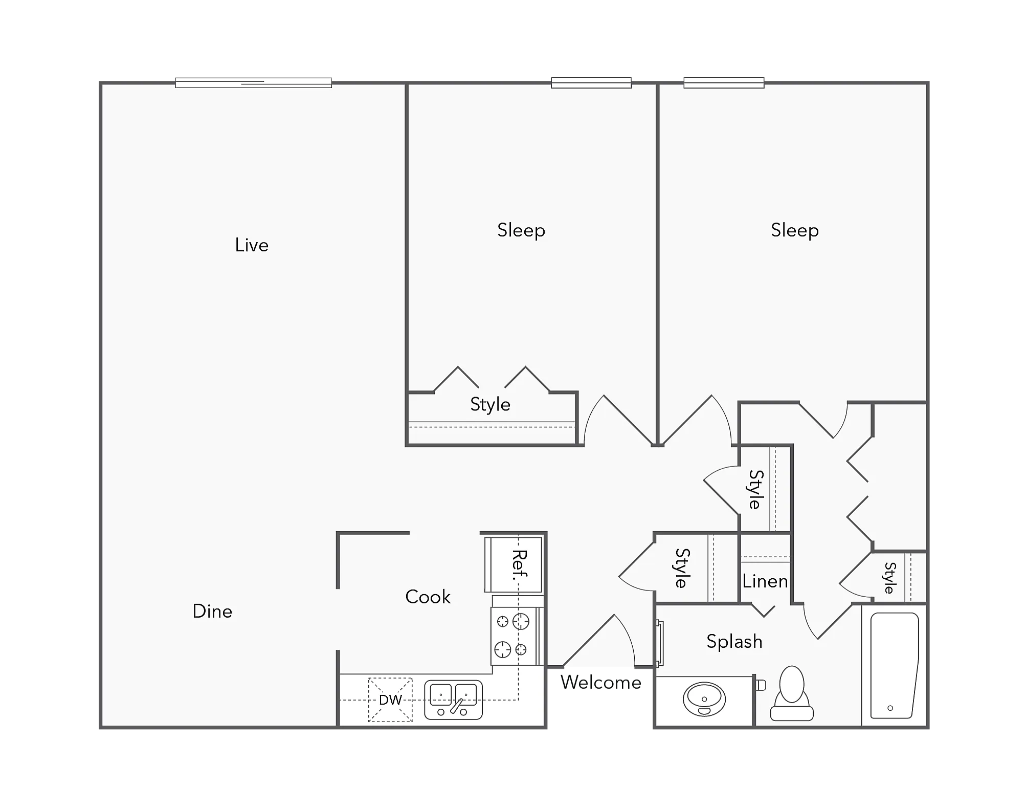 2 BR x 1 BA floor plan